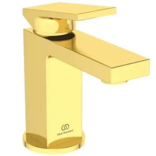 Wascharmatur in Gold von Ideal Standard mit rechteckiger Form und flacher Bedienung. Geeignet für moderne Badezimmergestaltungen.